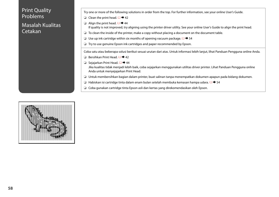 Print quality problems masalah kualitas cetakan | Epson STYLUS SX400  EN User Manual | Page 58 / 64