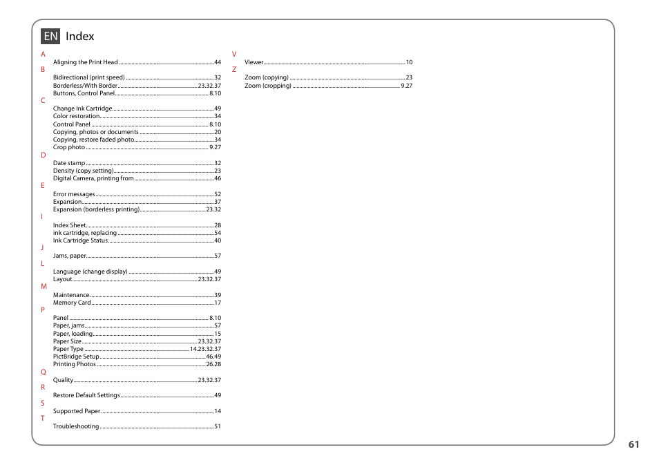 Index | Epson STYLUS SX400  EN User Manual | Page 61 / 64