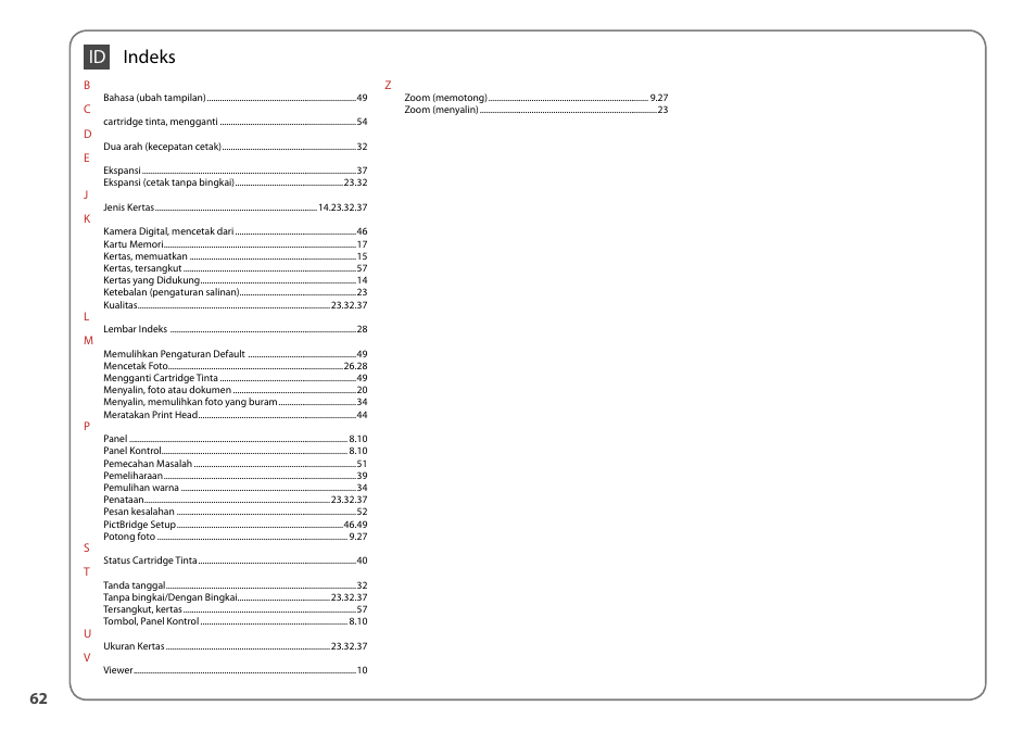 Indeks id | Epson STYLUS SX400  EN User Manual | Page 62 / 64