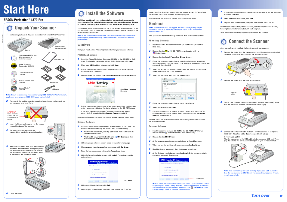 Connect the scanner, Start here, Unpack your scanner | Install the software, Turn over, Epson perfection 4870 pro, Windows, Macintosh | Epson PERFECTION 4870 PRO User Manual | Page 4 / 8