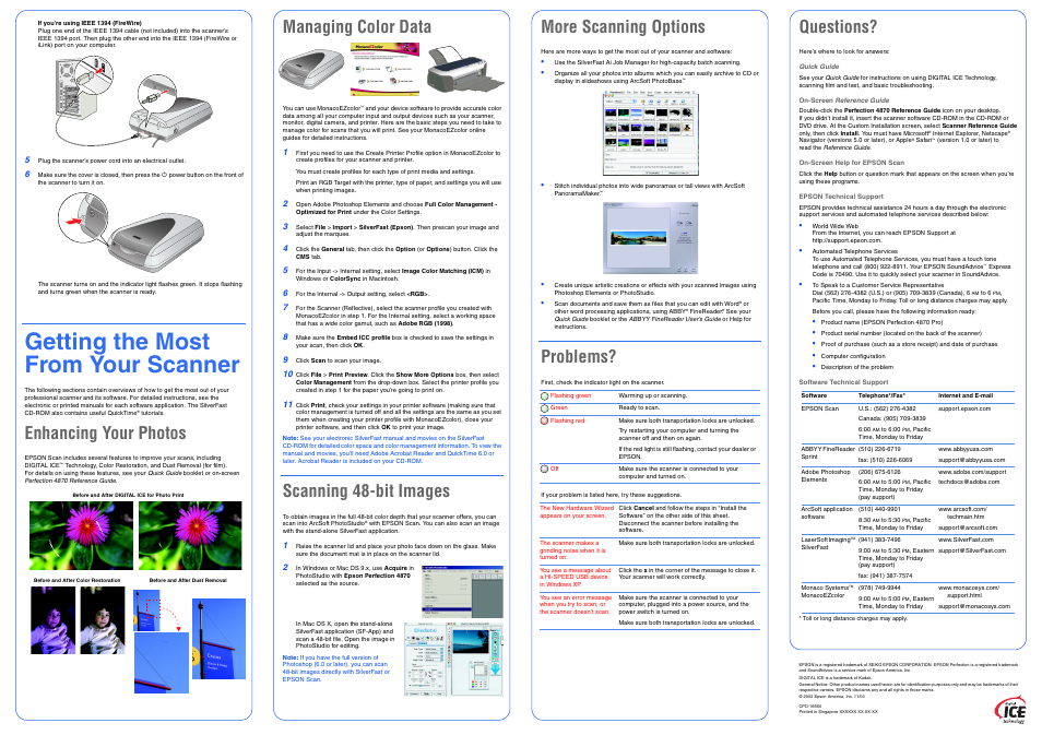 More scanning options, Problems, Getting the most from your scanner | Enhancing your photos, Managing color data, Scanning 48-bit images, Questions | Epson PERFECTION 4870 PRO User Manual | Page 7 / 8