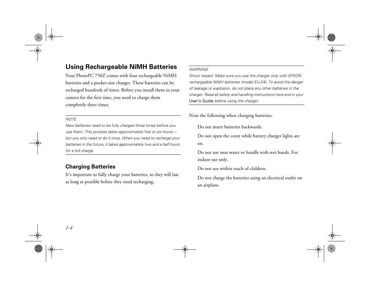 Using rechargeable nimh batteries, Charging batteries | Epson PhotoPC 750Z User Manual | Page 10 / 53