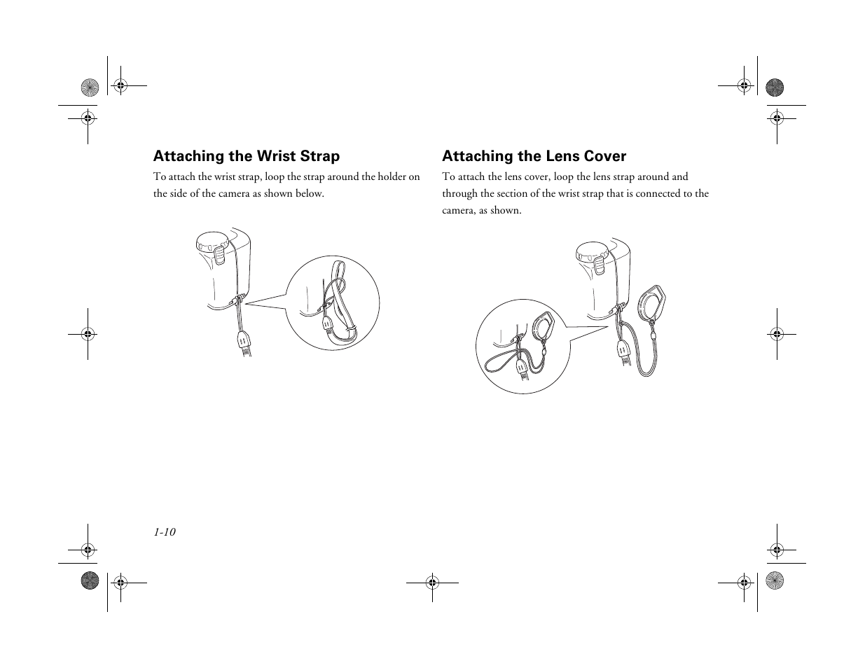 Attaching the wrist strap, Attaching the lens cover | Epson PhotoPC 750Z User Manual | Page 16 / 53