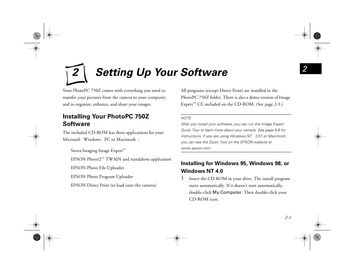 Chap 2-setting up your software, Installing your photopc750z software, 2setting up your software | Installing your photopc 750z software | Epson PhotoPC 750Z User Manual | Page 17 / 53