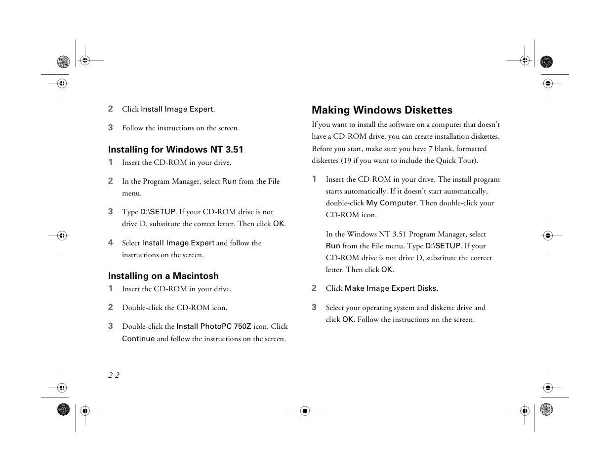 Installing for windows nt 3.51, Installing on a macintosh, Making windows diskettes | Setting up your software, Installing your photopc 750z software, Installing for windows 95, windows 98, or, Windows nt 4.0 2-1 | Epson PhotoPC 750Z User Manual | Page 18 / 53
