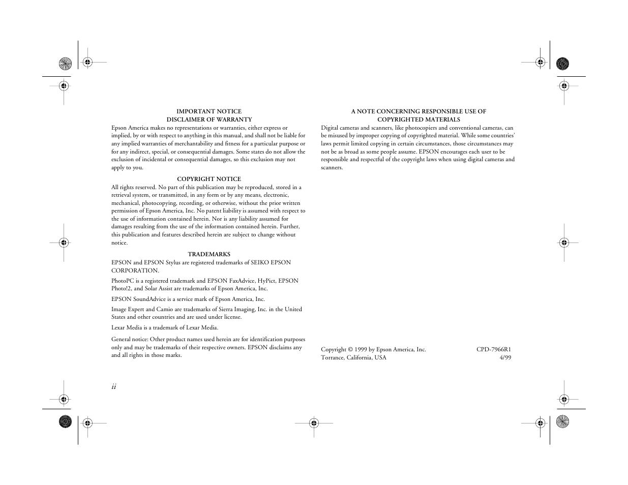 Copyright notice | Epson PhotoPC 750Z User Manual | Page 2 / 53