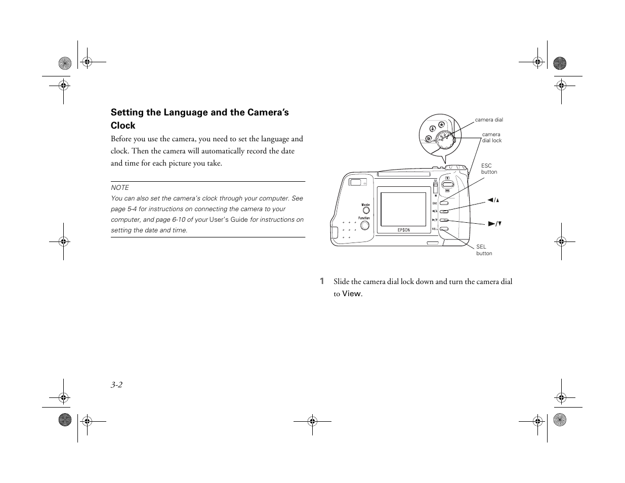 Setting the language and the camera’s clock, Setting the language and the camera’s clock 3-2 | Epson PhotoPC 750Z User Manual | Page 22 / 53