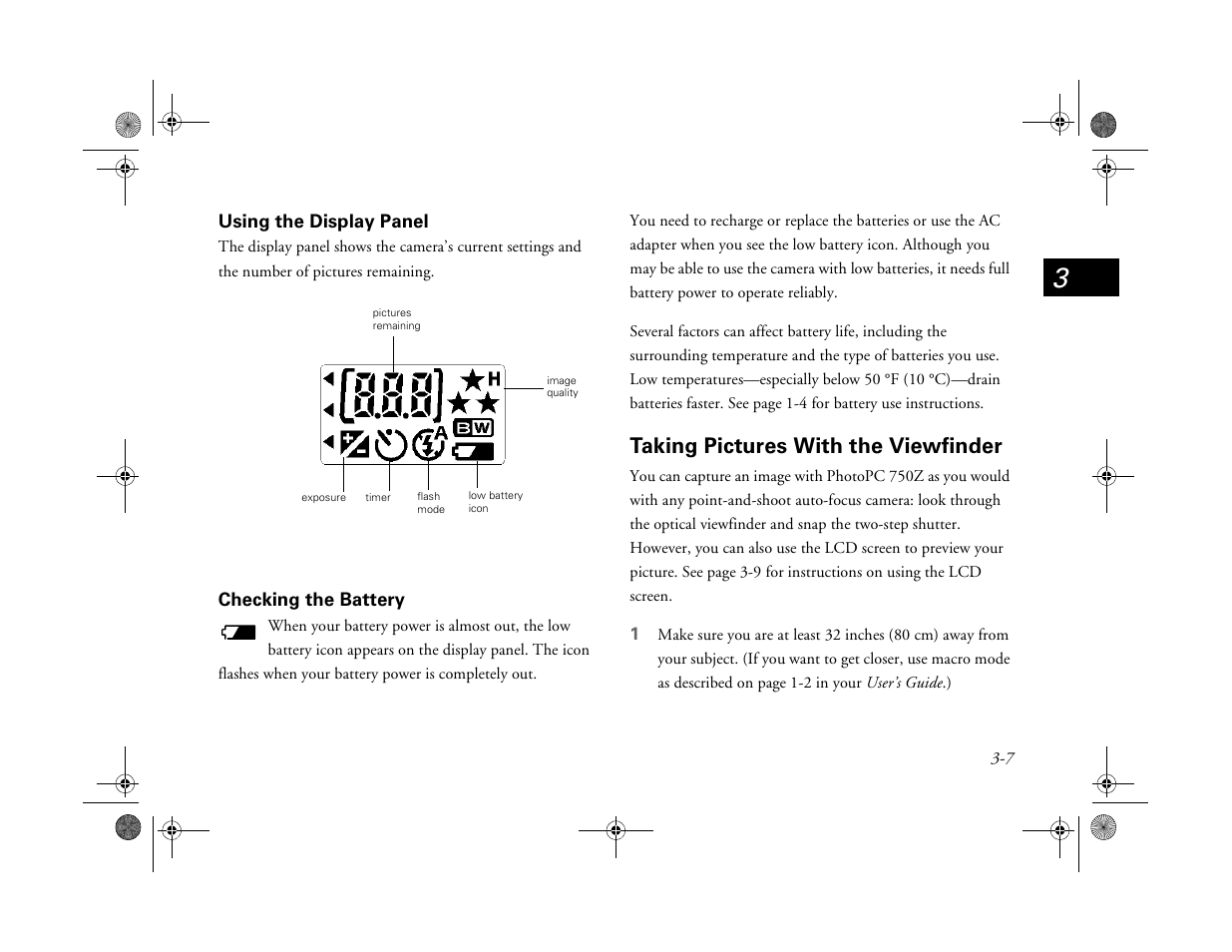 Using the display panel, Checking the battery, Taking pictures with the viewfinder | Epson PhotoPC 750Z User Manual | Page 27 / 53