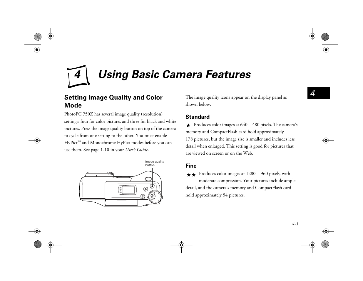 Chap 4-using basic camera features, Setting image quality and color mode, Standard | Fine, Using basic camera features, Standard 4-1 fine 4-1, 4using basic camera features | Epson PhotoPC 750Z User Manual | Page 33 / 53