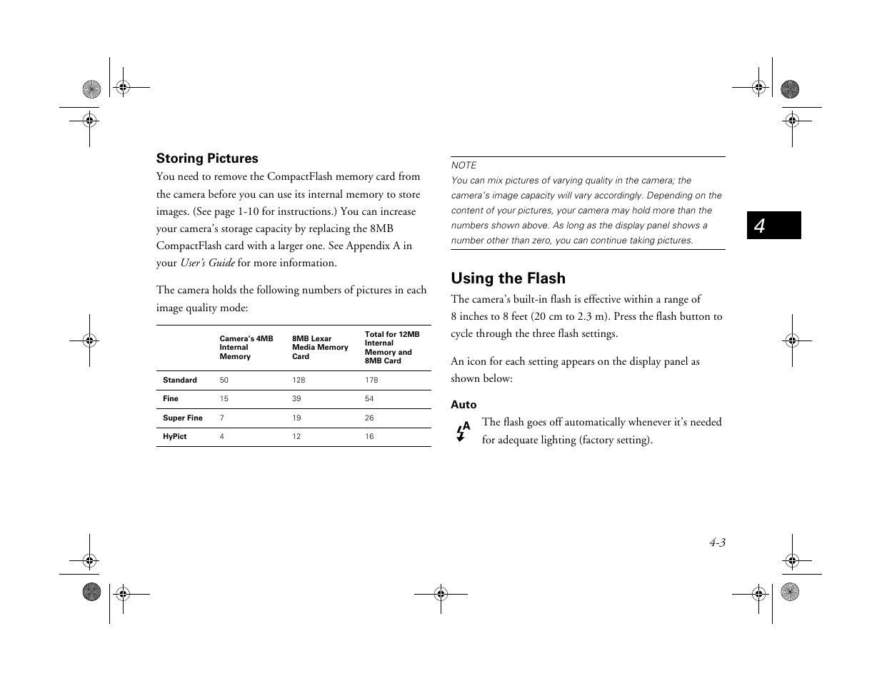Storing pictures, Using the flash | Epson PhotoPC 750Z User Manual | Page 35 / 53