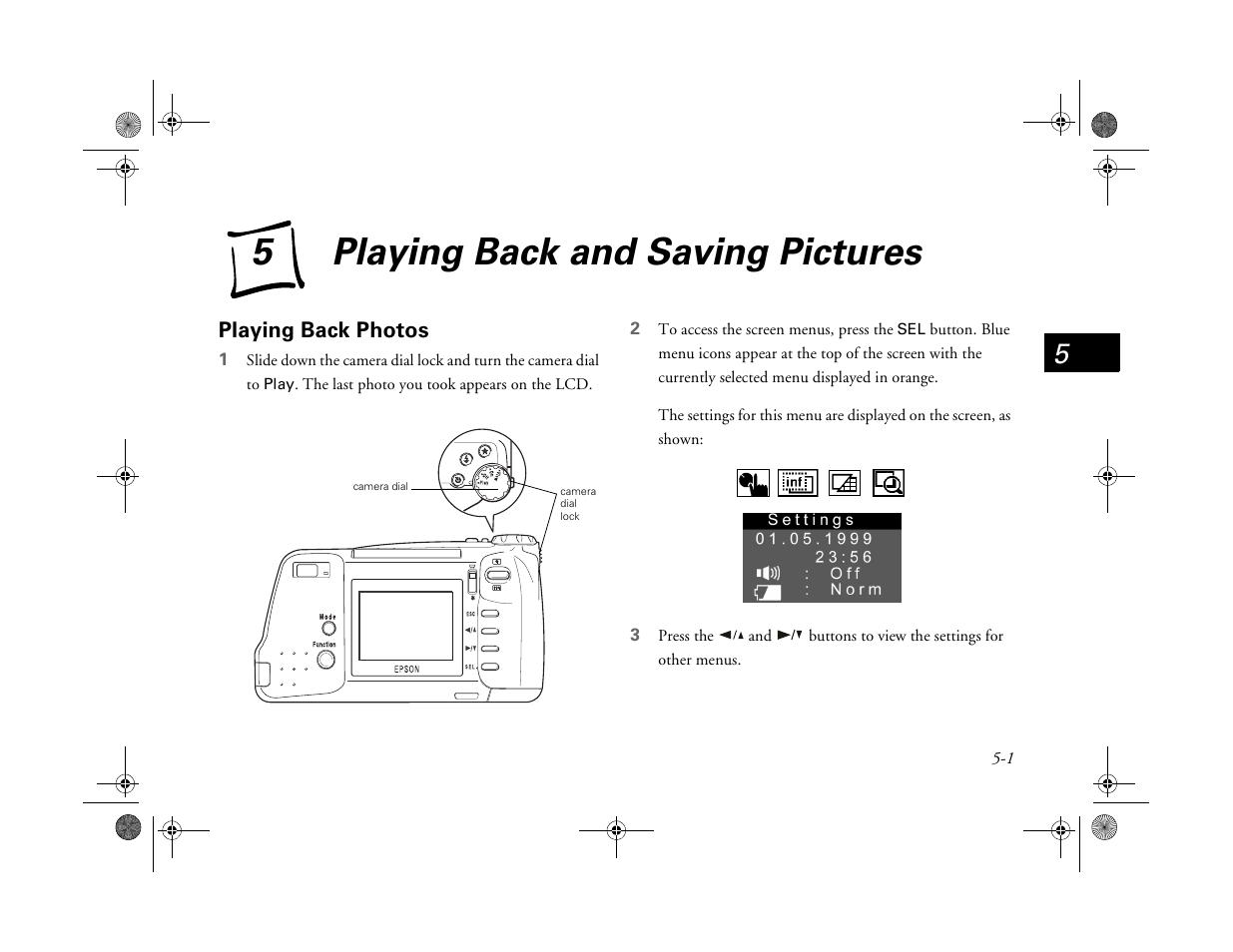 Chap 5-playing back and saving pictures, Playing back photos, Playing back and saving pictures | 5playing back and saving pictures | Epson PhotoPC 750Z User Manual | Page 39 / 53