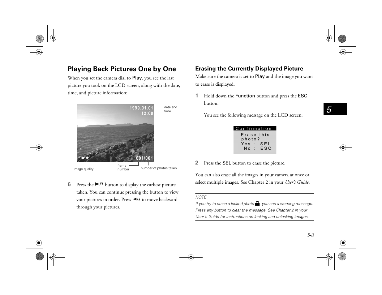 Playing back pictures one by one, Erasing the currently displayed picture | Epson PhotoPC 750Z User Manual | Page 41 / 53