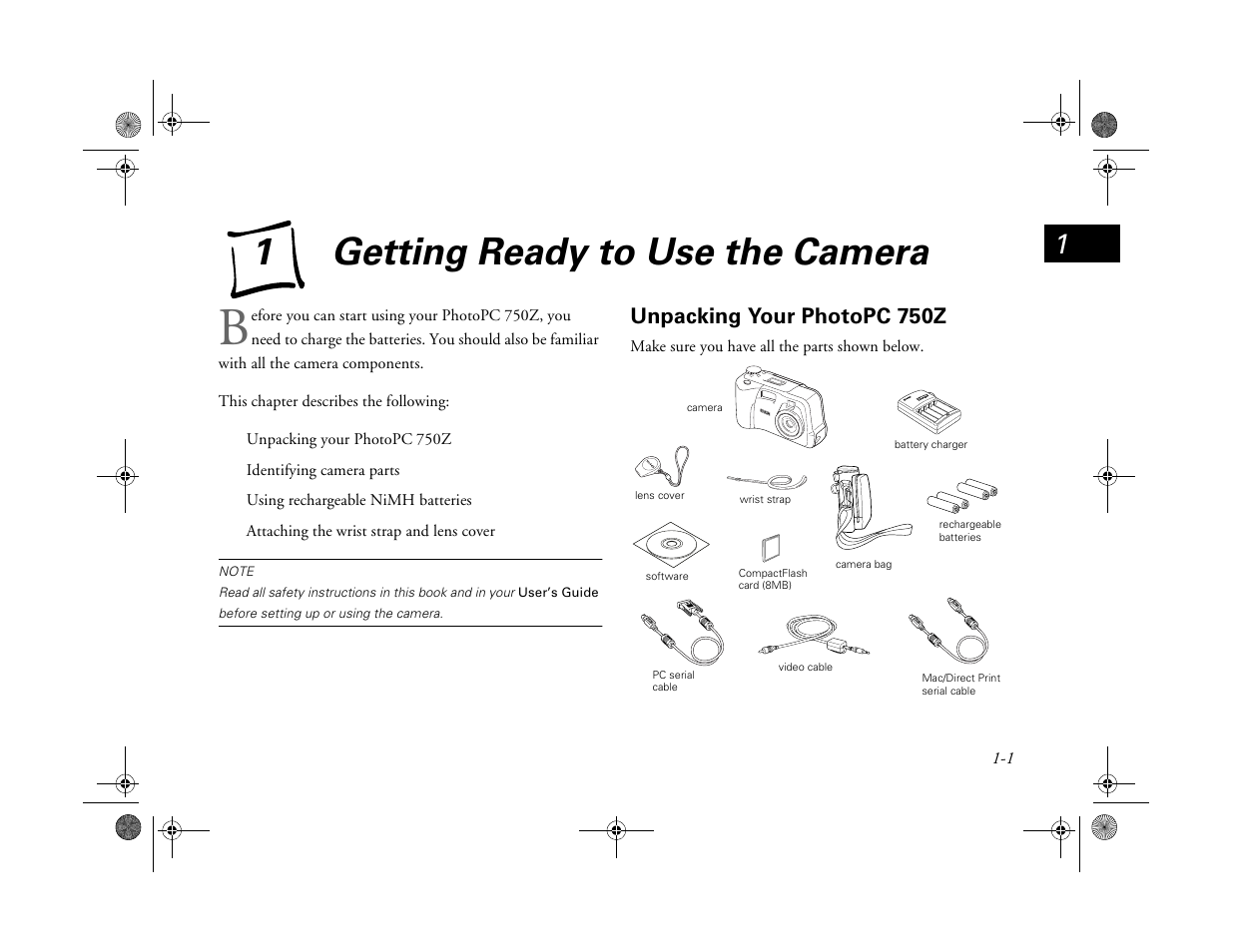Chap 1-getting ready to use the camera, Unpacking your photopc750z, Getting ready to use the camera | Unpacking your photopc 750z, 1getting ready to use the camera | Epson PhotoPC 750Z User Manual | Page 7 / 53
