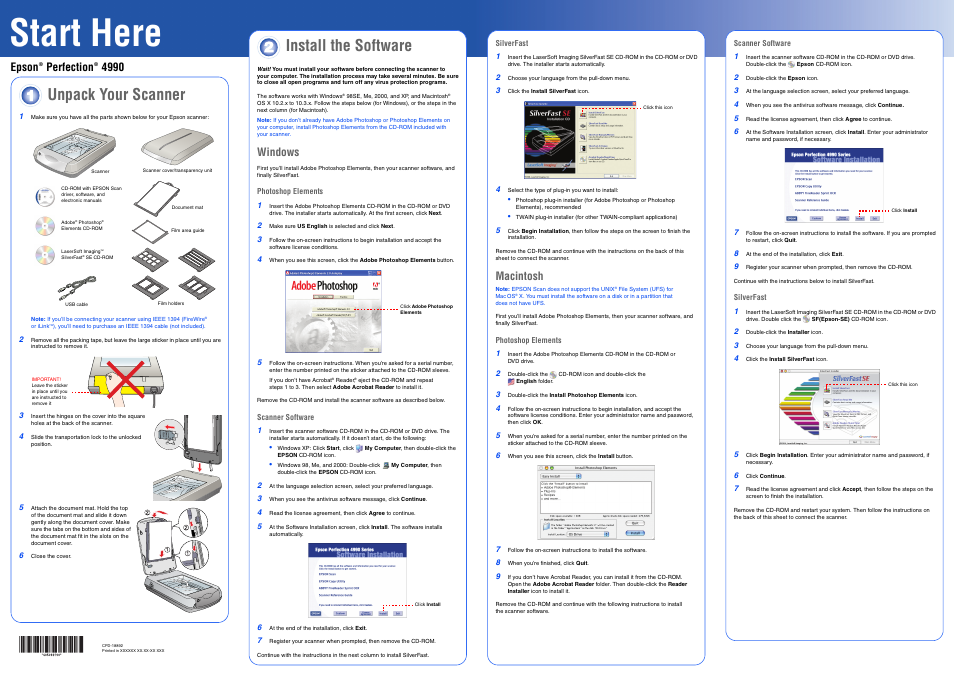 Scanner software, Silverfast, Start here | Unpack your scanner, Install the software, Epson perfection 4990, Windows, Macintosh | Epson 4990 Photo User Manual | Page 4 / 8