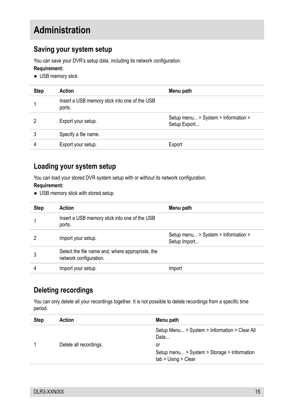 Administration, Saving your system setup, Loading your system setup | Deleting recordings | Epson DLR3-08N/660CDV User Manual | Page 15 / 64