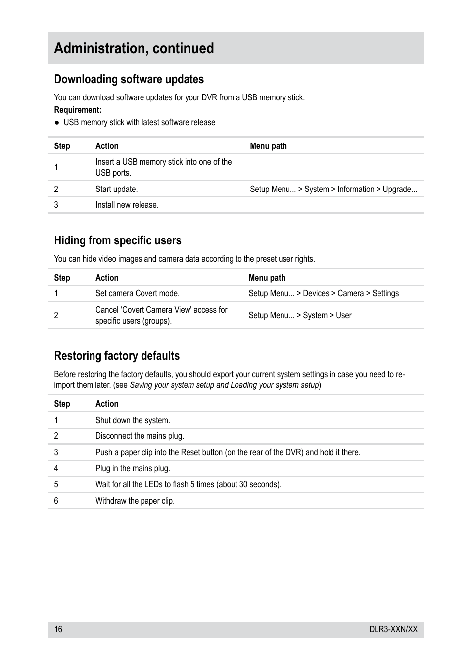 Administration, continued, Downloading software updates, Hiding from specific users | Restoring factory defaults | Epson DLR3-08N/660CDV User Manual | Page 16 / 64