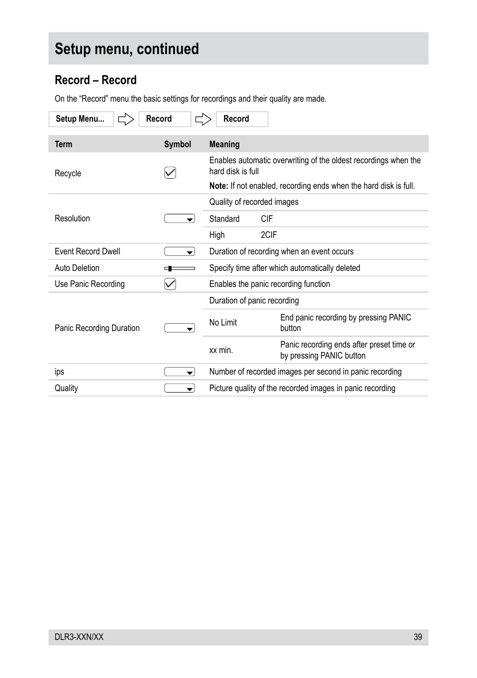 Setup menu, continued, Record – record | Epson DLR3-08N/660CDV User Manual | Page 39 / 64