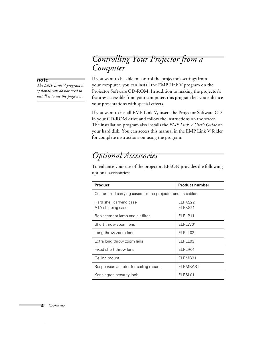 Controlling your projector from a computer, Optional accessories | Epson 8100i User Manual | Page 10 / 120