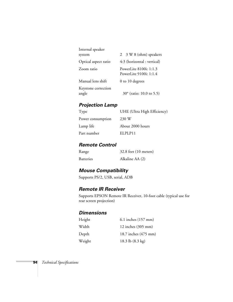 Projection lamp, Remote control, Mouse compatibility | Remote ir receiver, Dimensions | Epson 8100i User Manual | Page 100 / 120