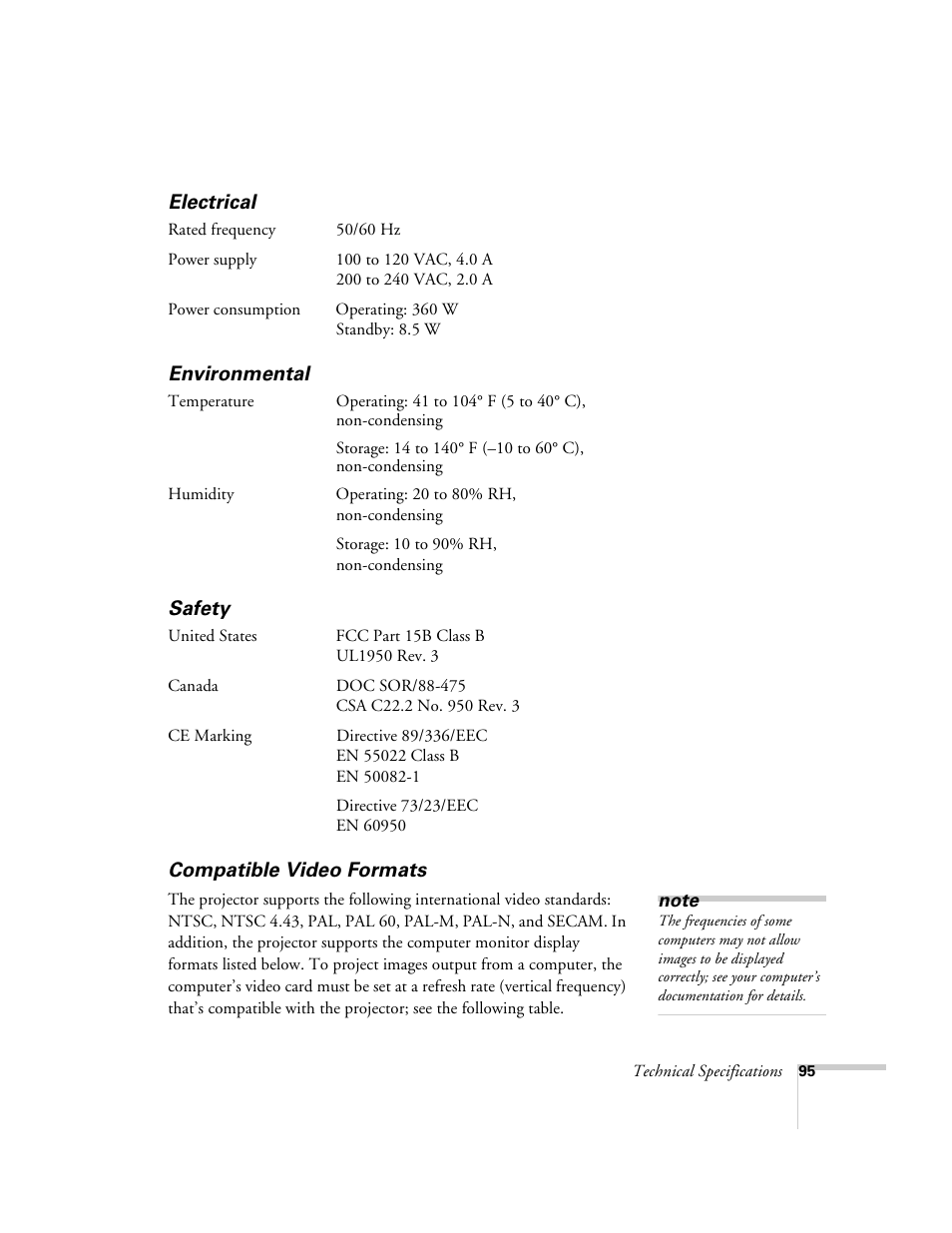 Electrical, Environmental, Safety | Compatible video formats | Epson 8100i User Manual | Page 101 / 120