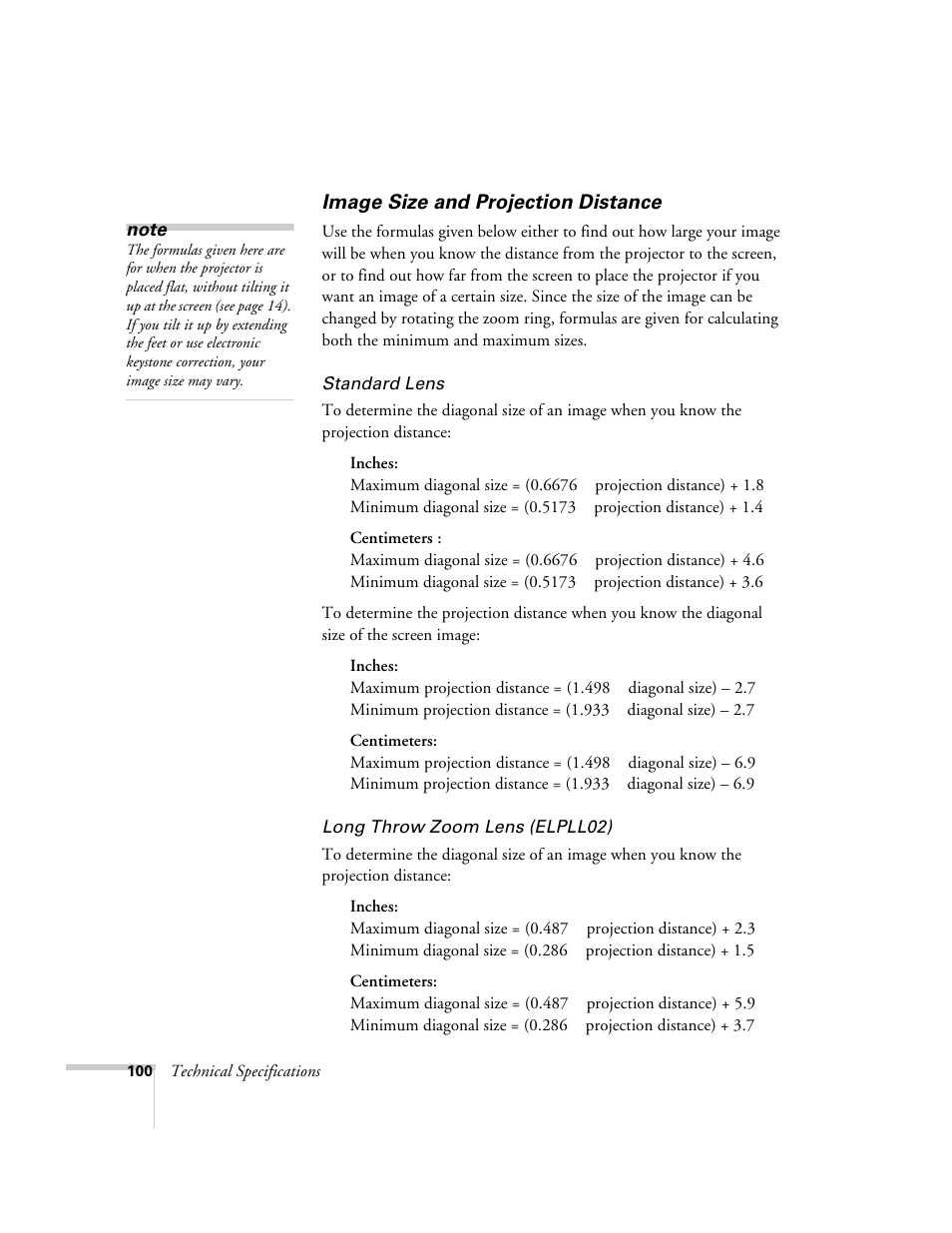 Image size and projection distance | Epson 8100i User Manual | Page 106 / 120