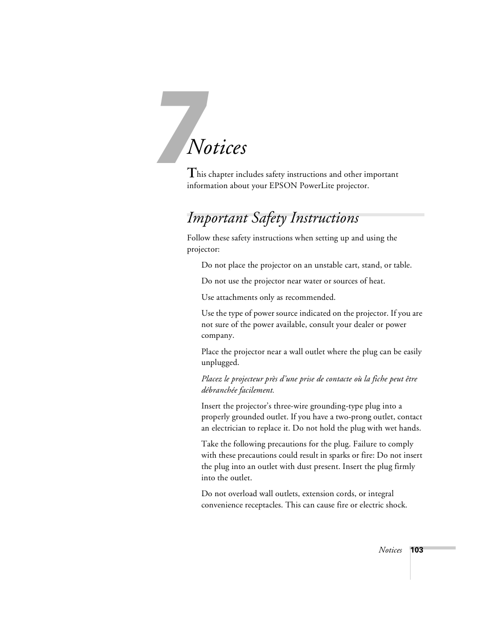 Chap 7-notices, Important safety instructions, Notices | Epson 8100i User Manual | Page 109 / 120