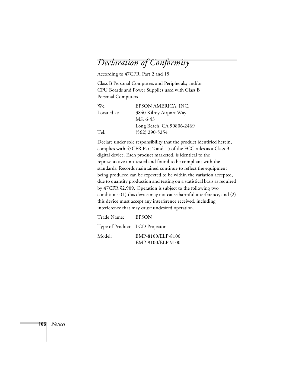 Declaration of conformity | Epson 8100i User Manual | Page 112 / 120
