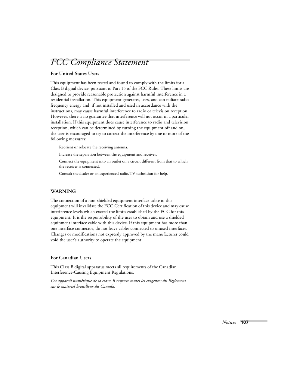 Fcc compliance statement | Epson 8100i User Manual | Page 113 / 120