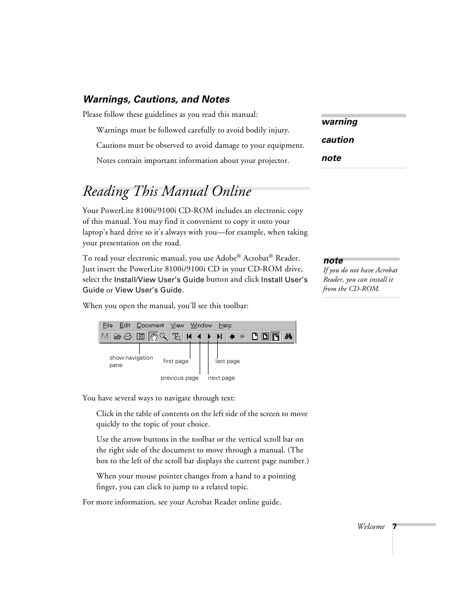 Warnings, cautions, and notes, Reading this manual online | Epson 8100i User Manual | Page 13 / 120
