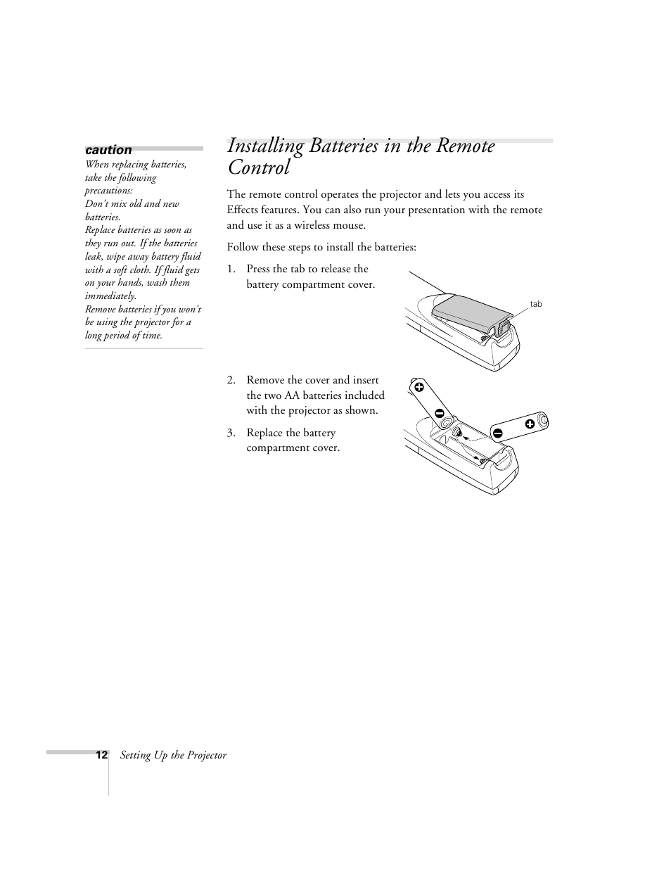 Installing batteries in the remote control | Epson 8100i User Manual | Page 18 / 120