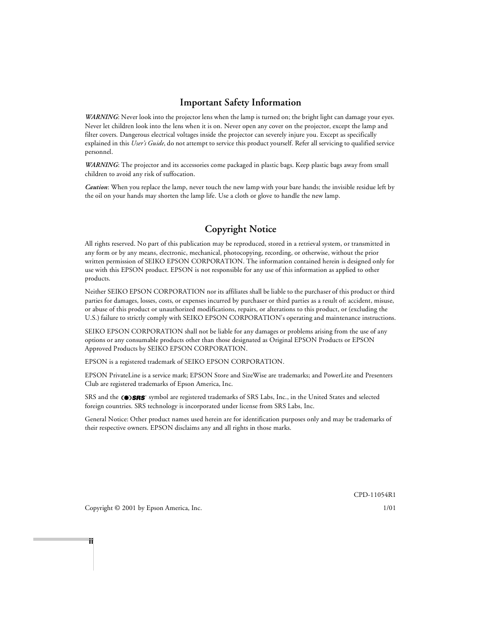 Important safety information, Copyright notice | Epson 8100i User Manual | Page 2 / 120