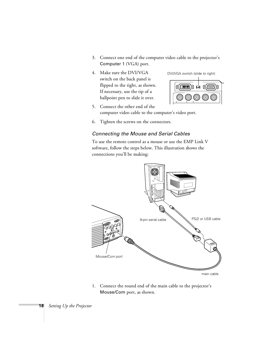 Connecting the mouse and serial cables, Port, as shown | Epson 8100i User Manual | Page 24 / 120