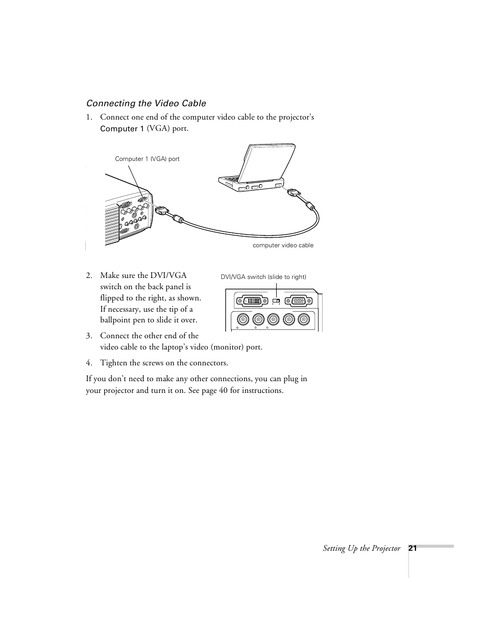 Connecting the video cable, Setting up the projector | Epson 8100i User Manual | Page 27 / 120