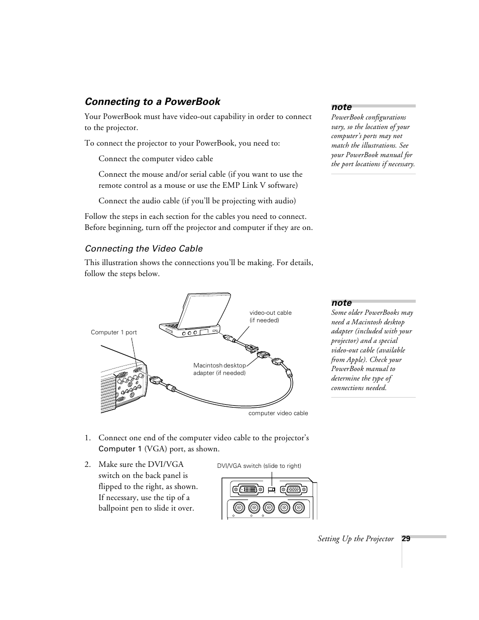 Connecting to a powerbook, Connecting the video cable, Setting up the projector | Connect the computer video cable | Epson 8100i User Manual | Page 35 / 120