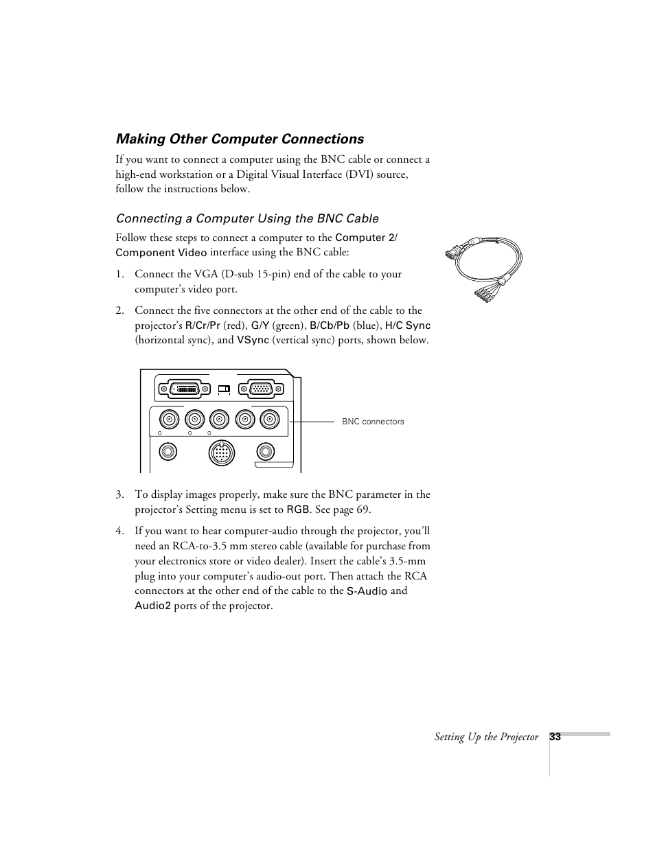 Making other computer connections, Connecting a computer using the bnc cable | Epson 8100i User Manual | Page 39 / 120