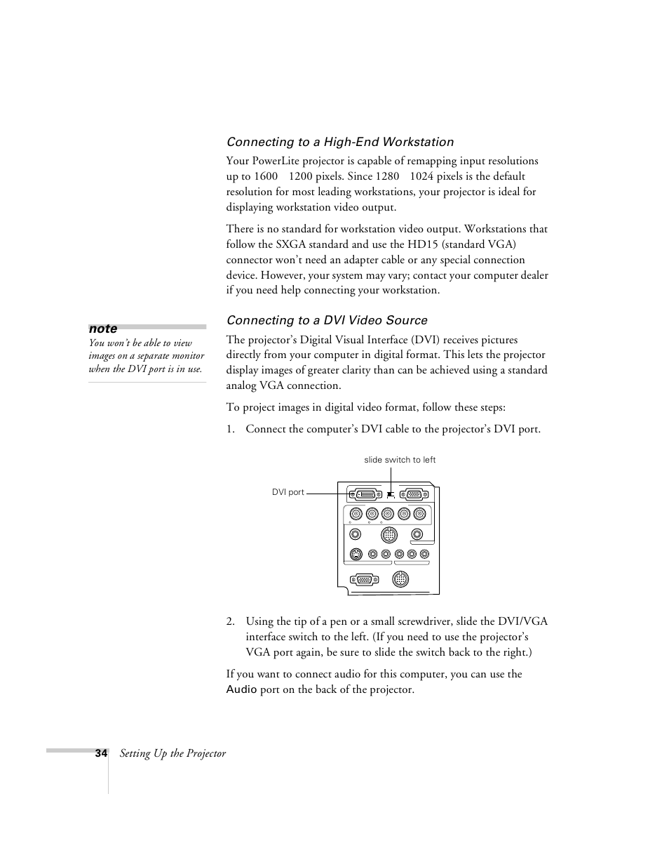 Connecting to a high-end workstation, Connecting to a dvi video source, Setting up the projector | Port on the back of the projector, Audio | Epson 8100i User Manual | Page 40 / 120