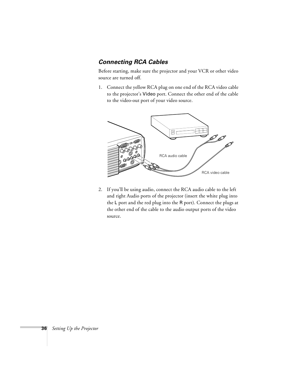 Connecting rca cables | Epson 8100i User Manual | Page 42 / 120
