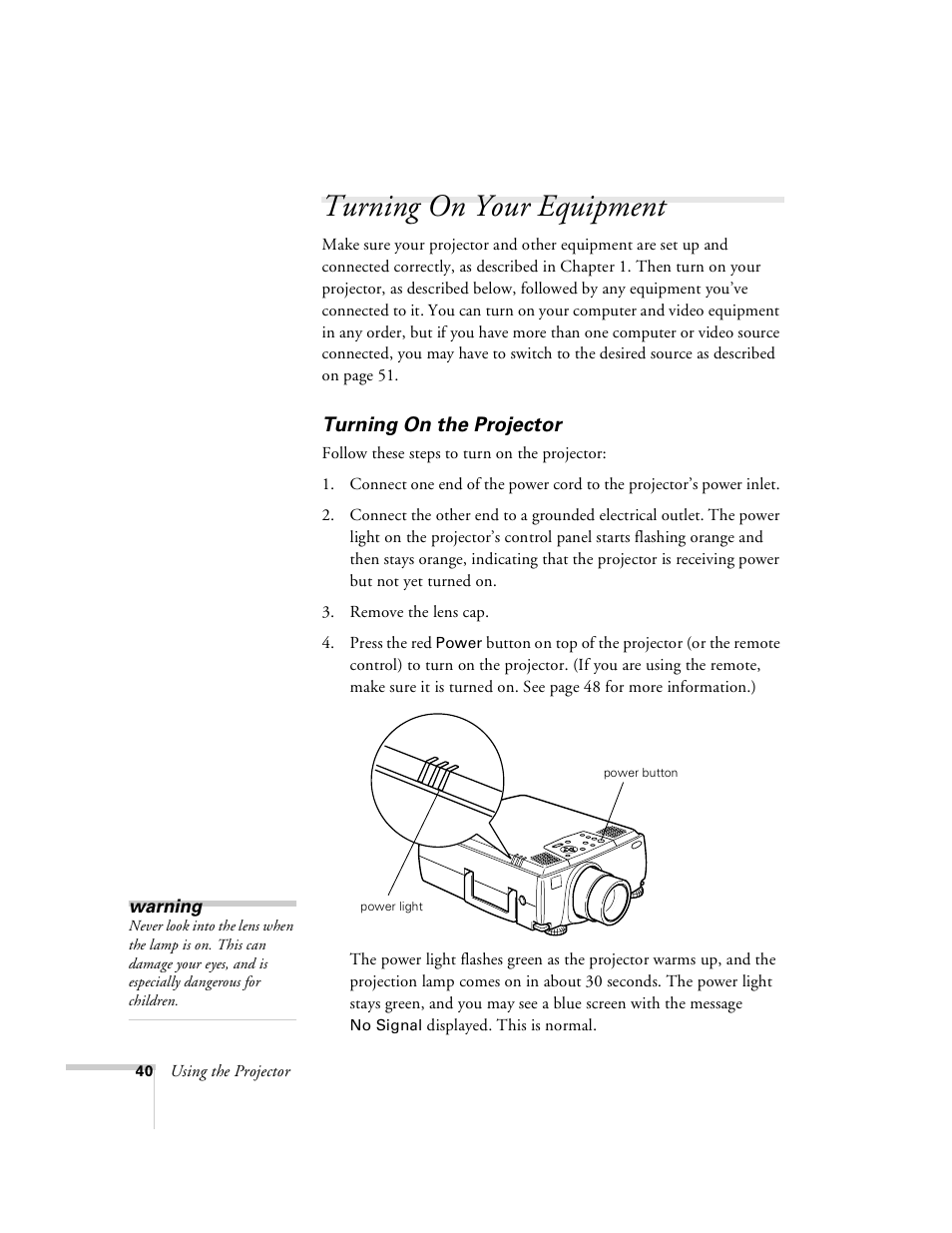 Turning on your equipment, Turning on the projector | Epson 8100i User Manual | Page 46 / 120