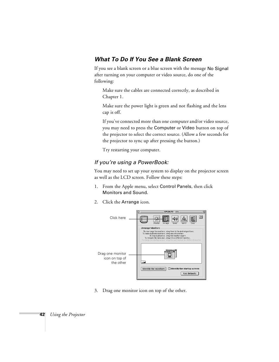 What to do if you see a blank screen | Epson 8100i User Manual | Page 48 / 120