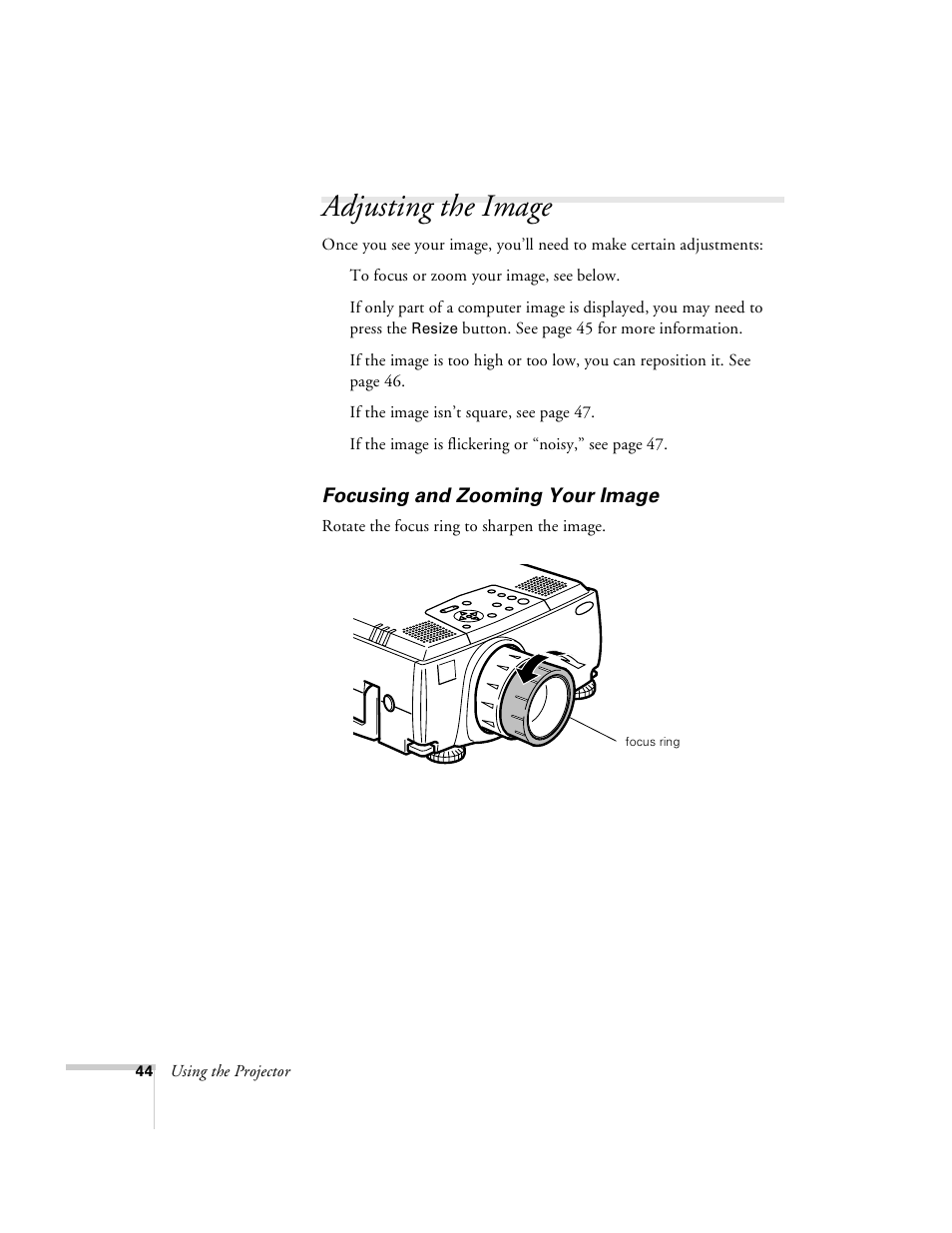 Adjusting the image, Focusing and zooming your image | Epson 8100i User Manual | Page 50 / 120