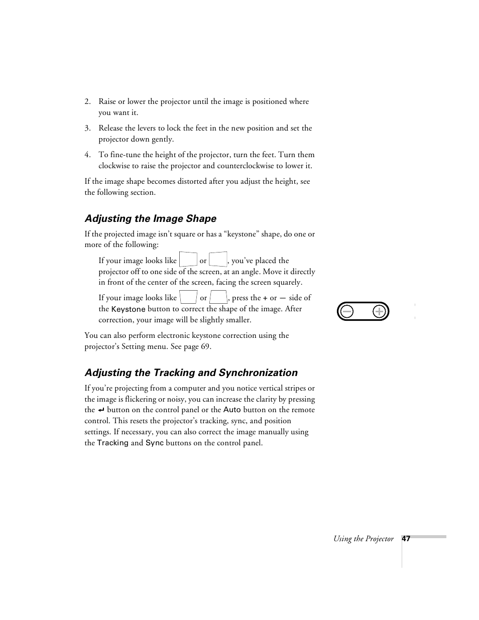 Adjusting the image shape, Adjusting the tracking and synchronization | Epson 8100i User Manual | Page 53 / 120