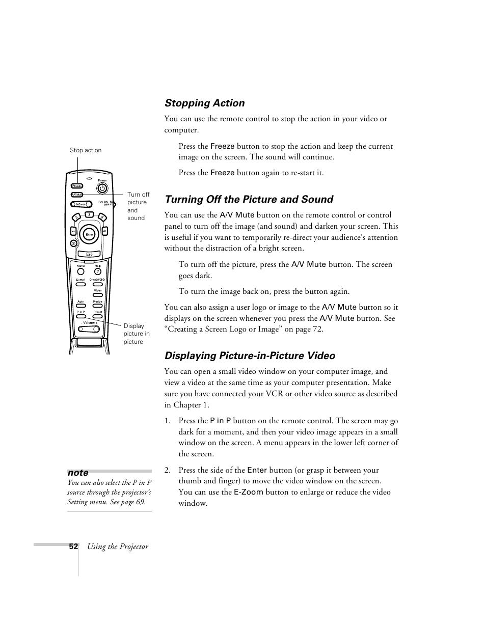 Stopping action, Turning off the picture and sound, Displaying picture-in-picture video | Epson 8100i User Manual | Page 58 / 120