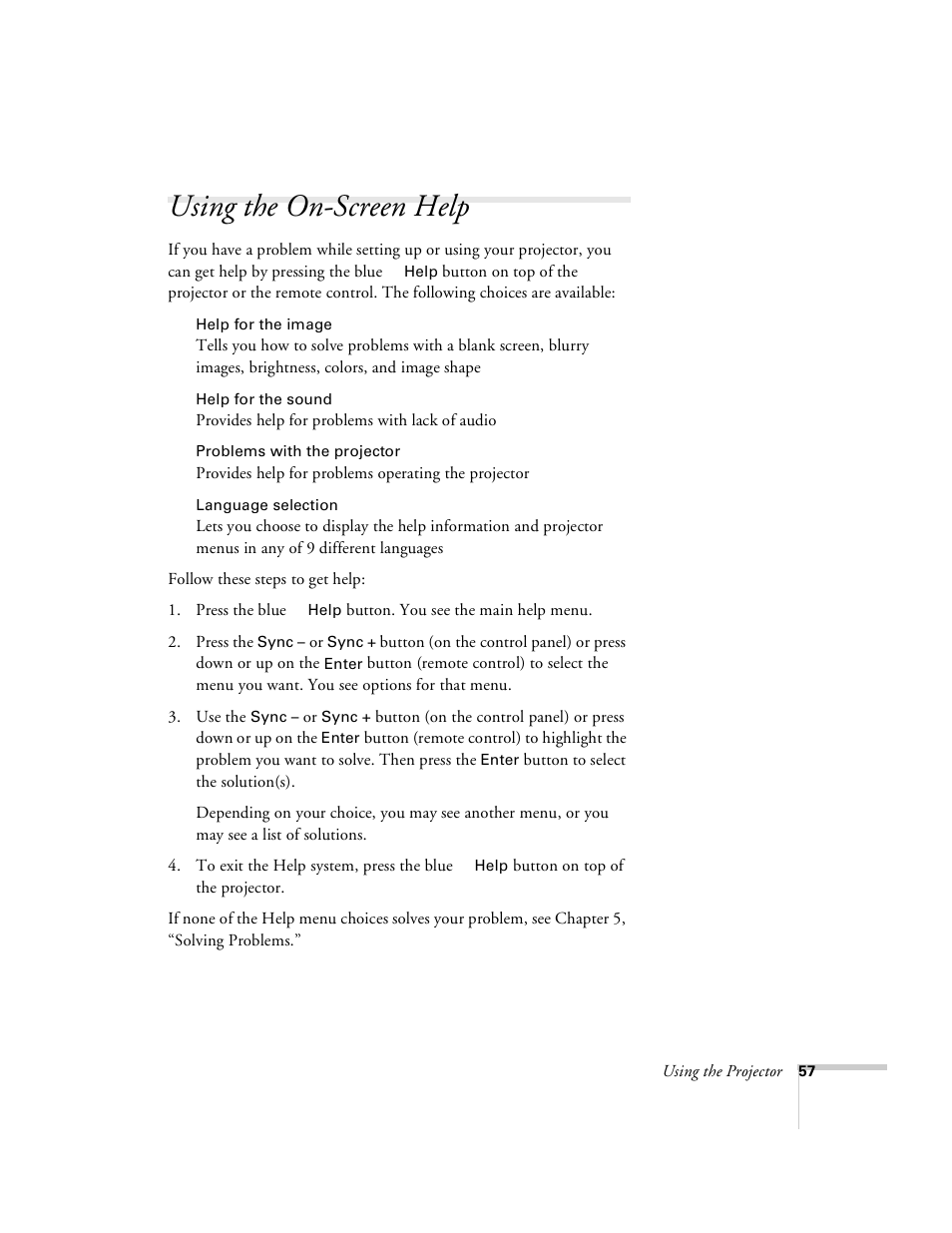 Using the on-screen help | Epson 8100i User Manual | Page 63 / 120
