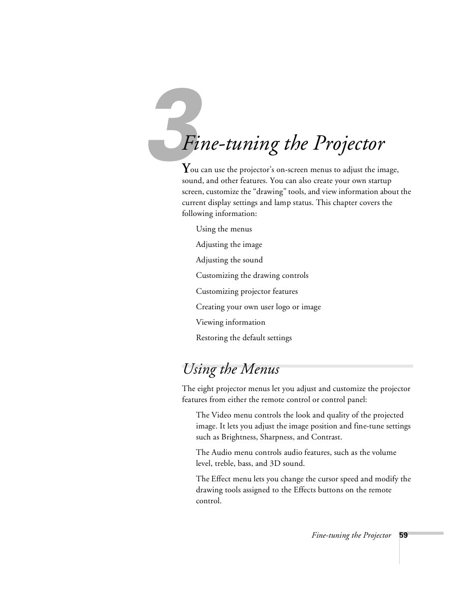 Chap 3-fine-tuning the projector, Using the menus, Fine-tuning | The projector, Fine-tuning the projector | Epson 8100i User Manual | Page 65 / 120