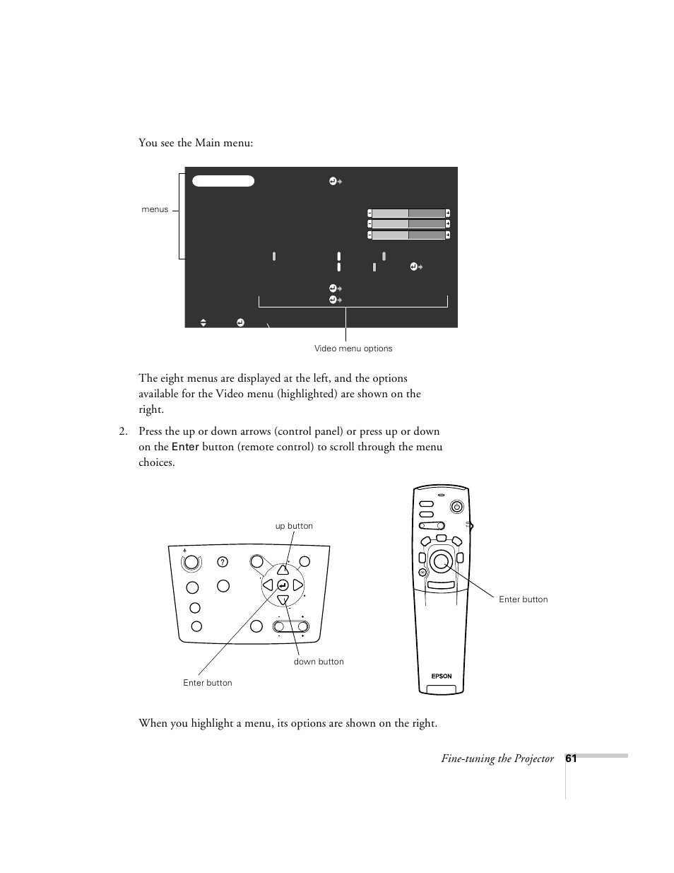 Fine-tuning the projector, Enter | Epson 8100i User Manual | Page 67 / 120