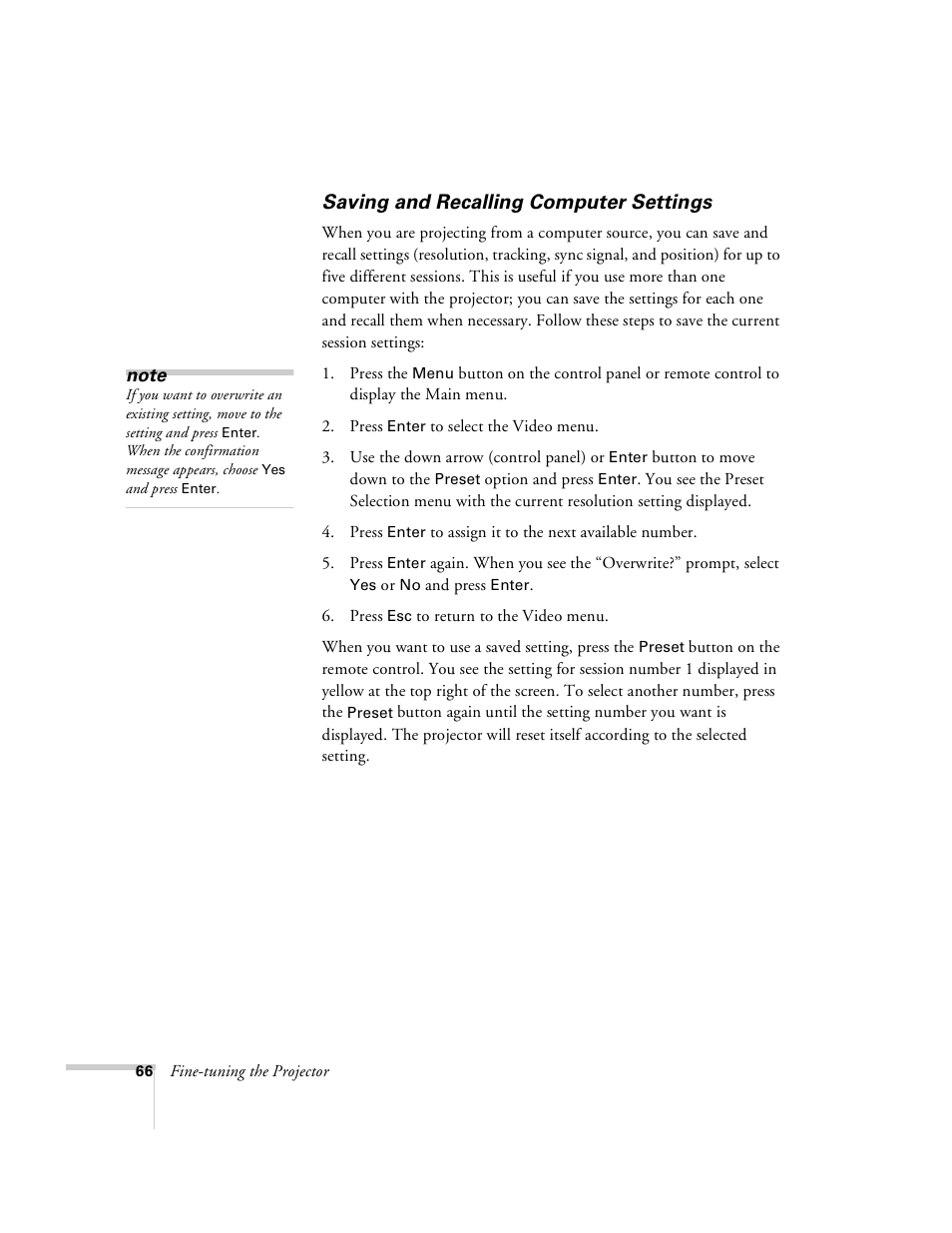 Saving and recalling computer settings | Epson 8100i User Manual | Page 72 / 120
