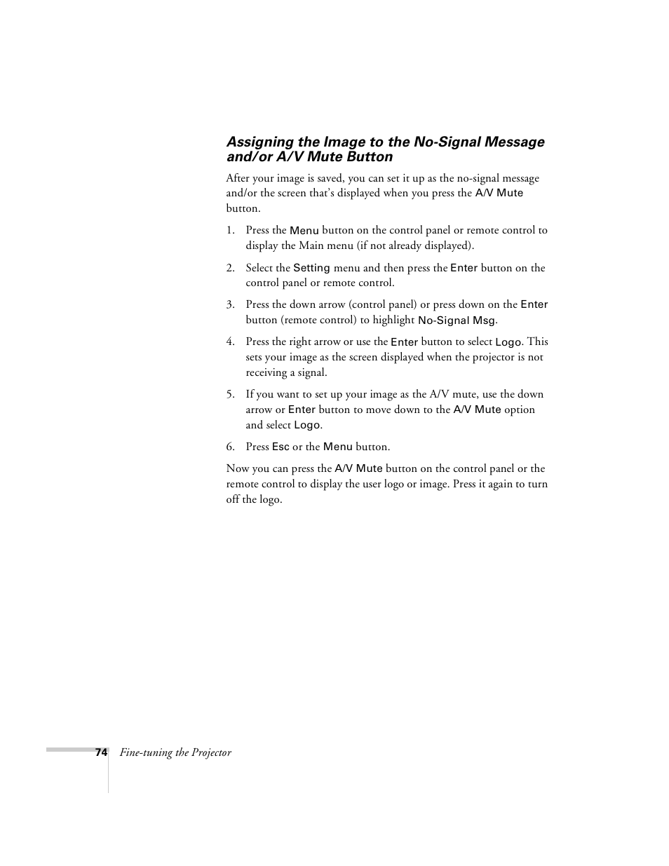 Assigning the image to the no-signal message, And/or a/v mute button | Epson 8100i User Manual | Page 80 / 120