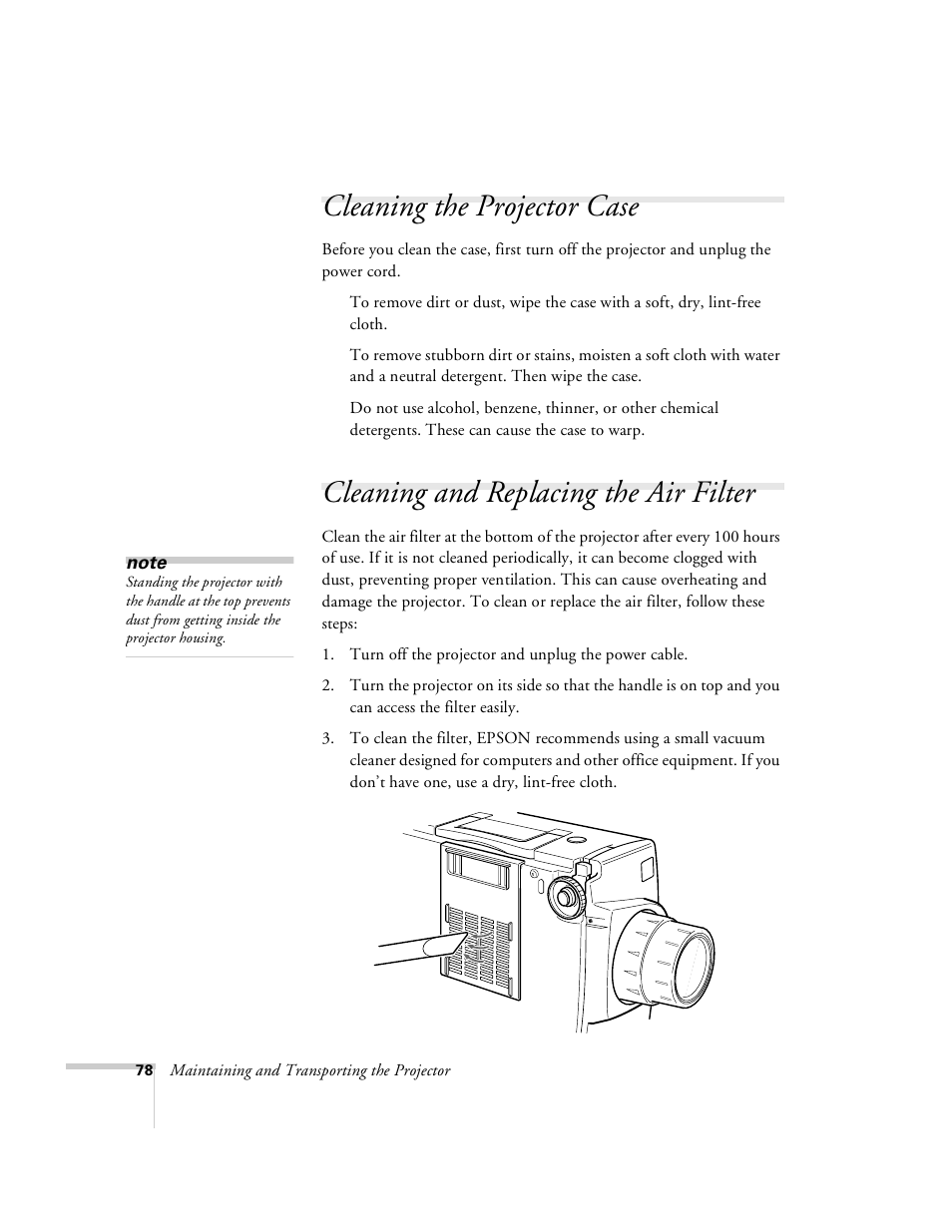 Cleaning the projector case, Cleaning and replacing the air filter | Epson 8100i User Manual | Page 84 / 120
