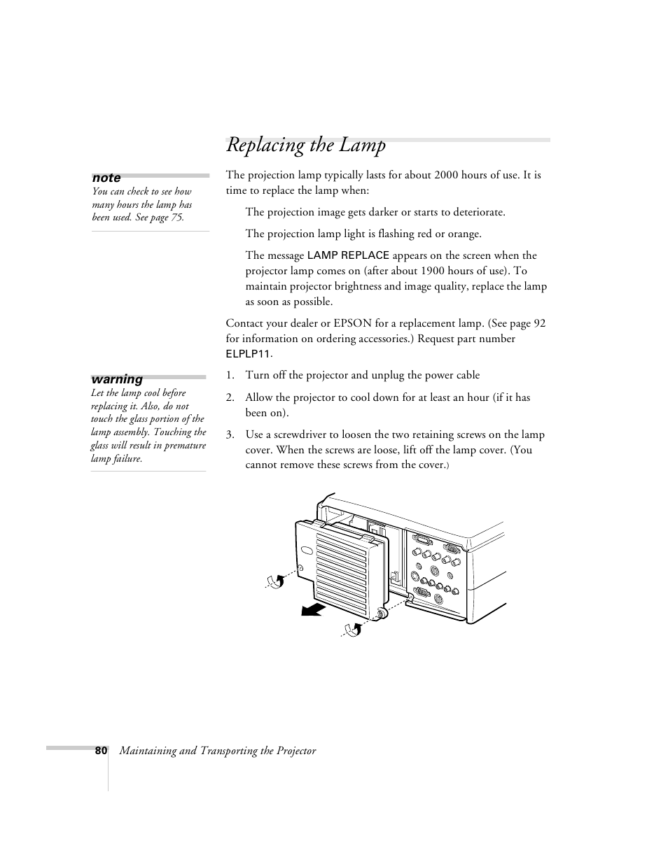 Replacing the lamp | Epson 8100i User Manual | Page 86 / 120