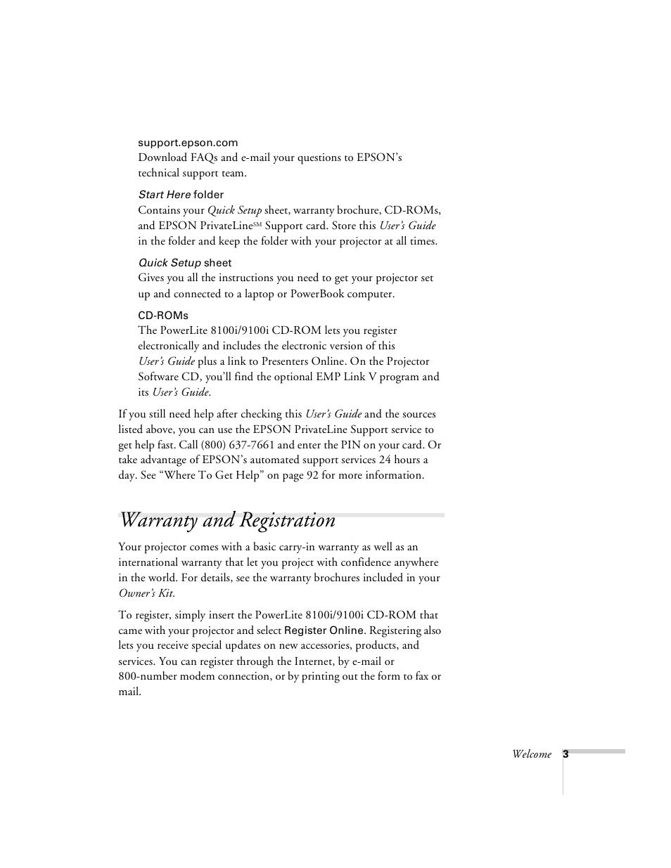 Warranty and registration | Epson 8100i User Manual | Page 9 / 120